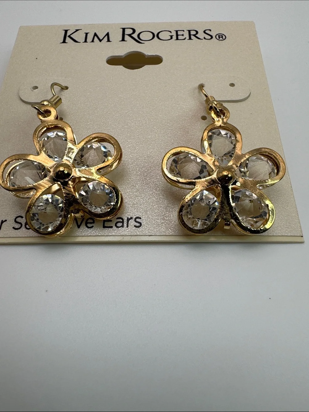 Kim Rogers Gold Flower Crystal Drop Earrings - Clear Stones